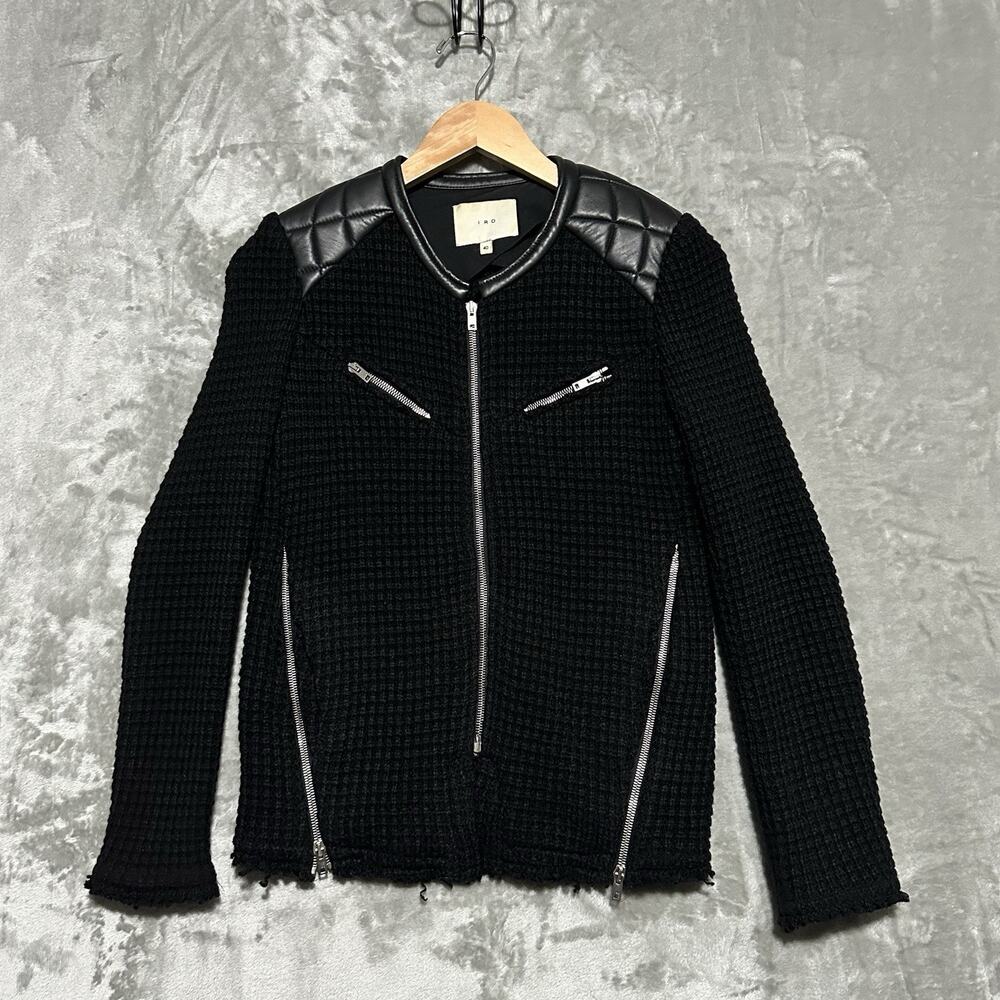 IRO Paris Ceylona Waffle Knit Lamb Leather Moto Jacket Womens size 40 Black Chic